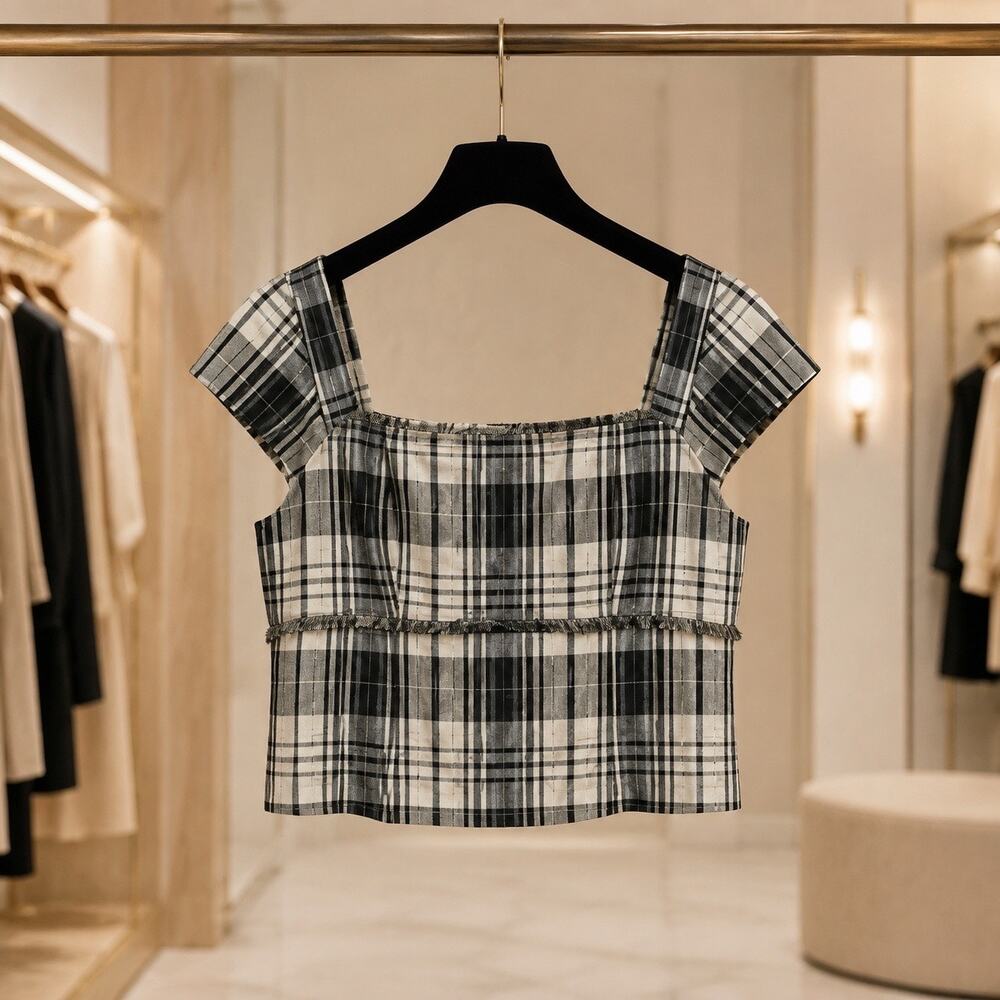 Antonio Melani Gretchen Top 18 NWT Black Cream Plaid Fringe Square Neck Crop